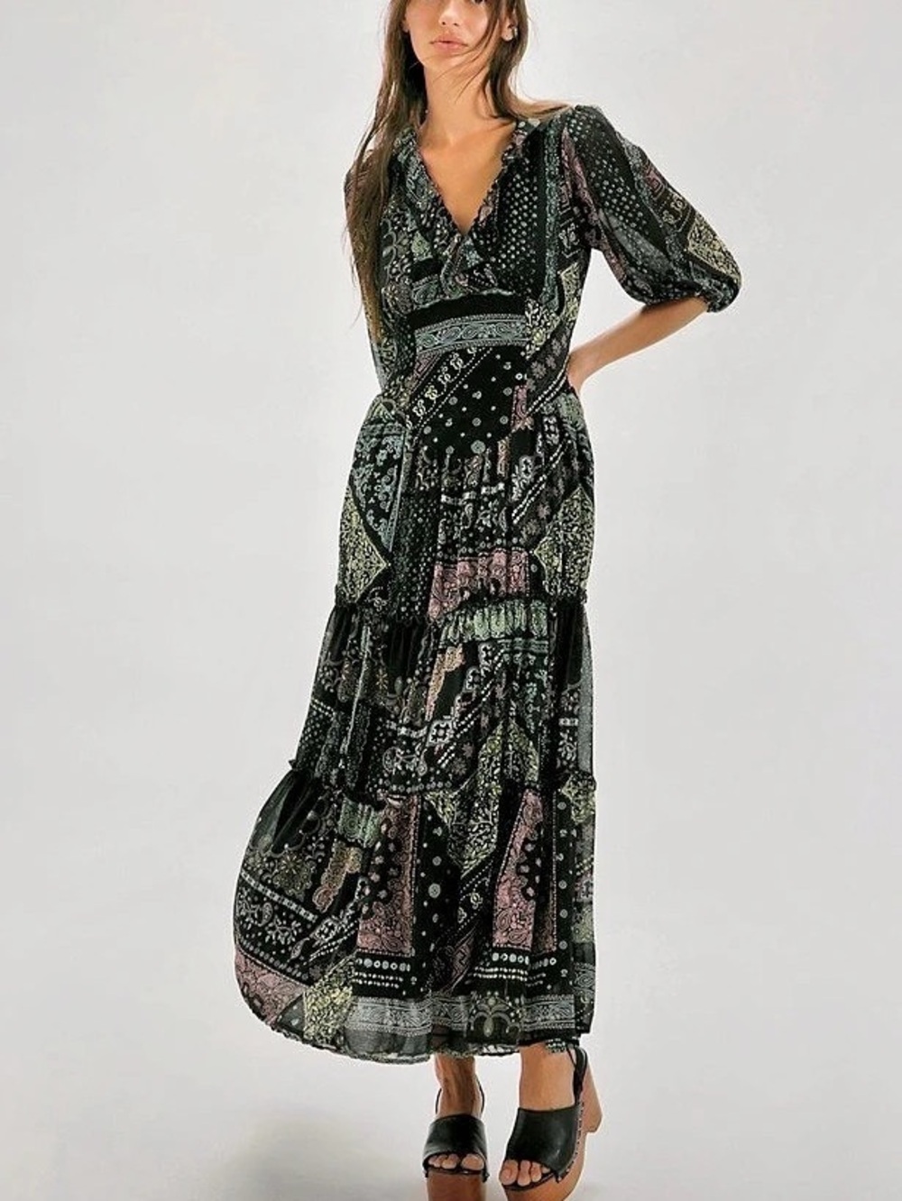 Free People Beautiful Morning Long-Sleeve Maxi Dress Black & Pink